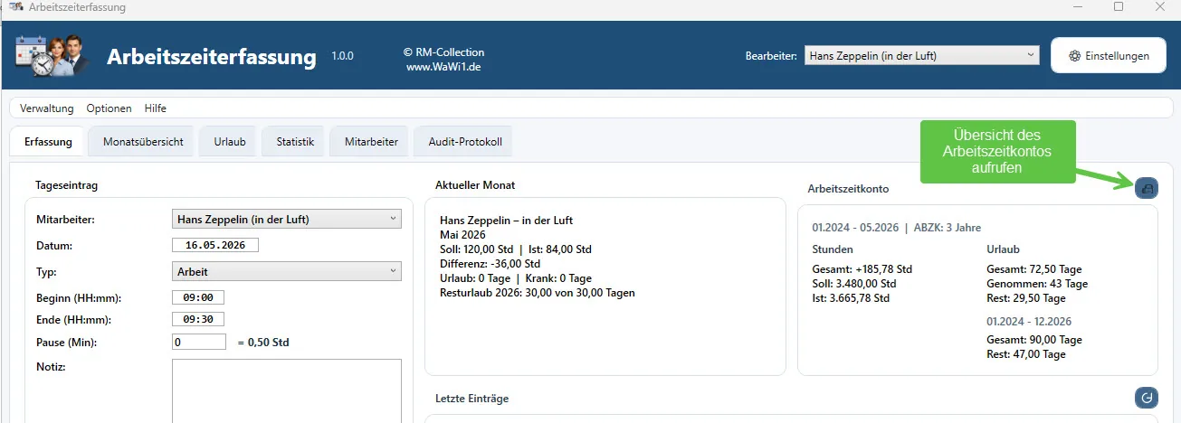 Arbeitszeitkonto mit Monats- und Tageswerten