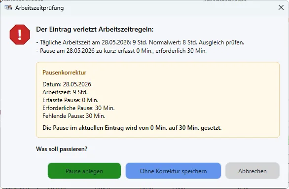 Arbeitszeitprüfung mit Hinweis auf verletzte Arbeitszeitregeln