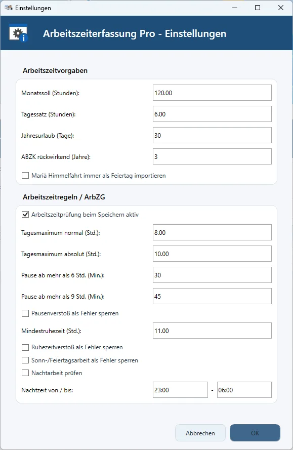 Einstellungen für Arbeitszeitregeln