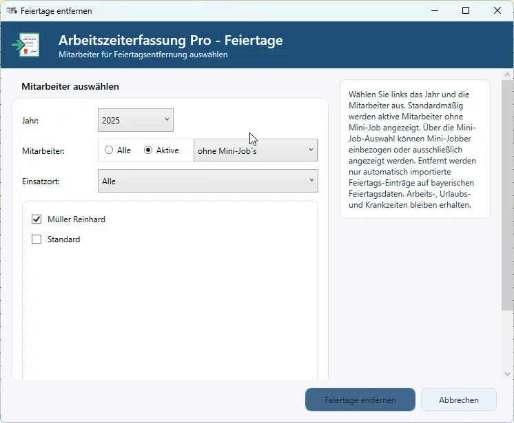 Feiertage gezielt für Mitarbeiter entfernen