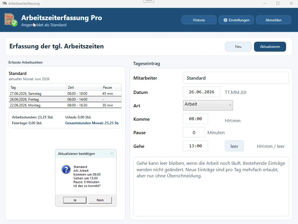 Mitarbeitermodul mit Aktualisieren-Button